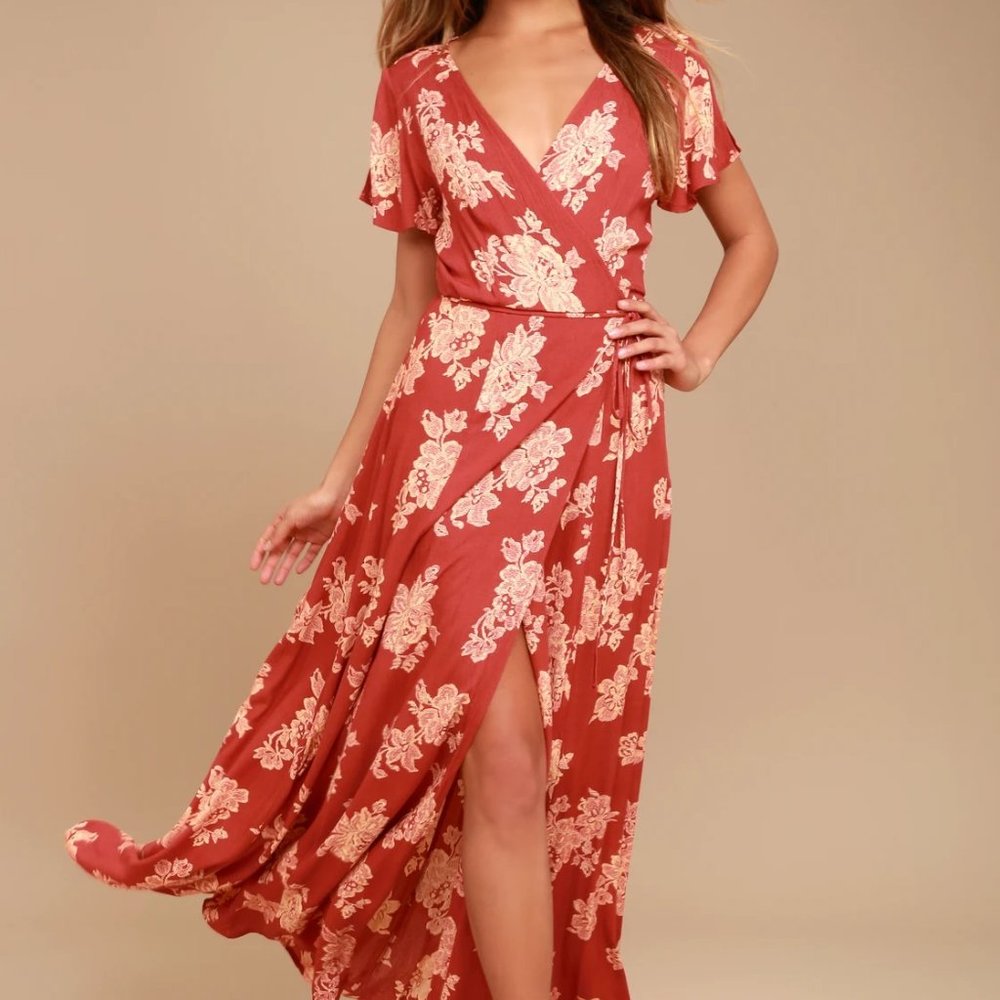 Lulus Heart of Marigold Rust Red Floral Print Wrap Maxi Dress